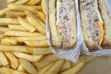 Tuna sandwich with cheese and fries.